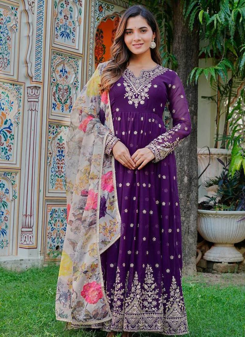 Purple Color Thred With Sequnce Work Georgette Gown Set