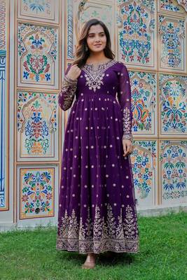 Purple Color Thred With Sequnce Work Georgette Gown Set 3