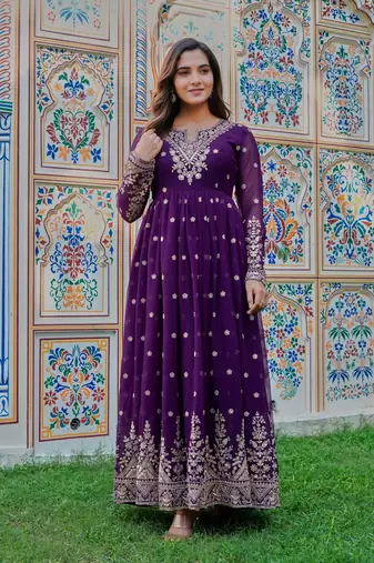 Purple Color Thred With Sequnce Work Georgette Gown Set