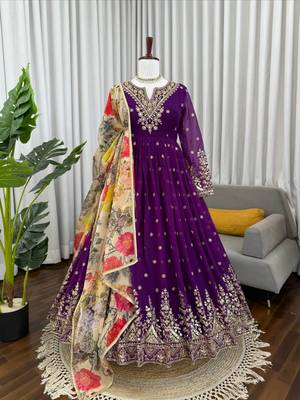 Purple Color Thred With Sequnce Work Georgette Gown Set 4