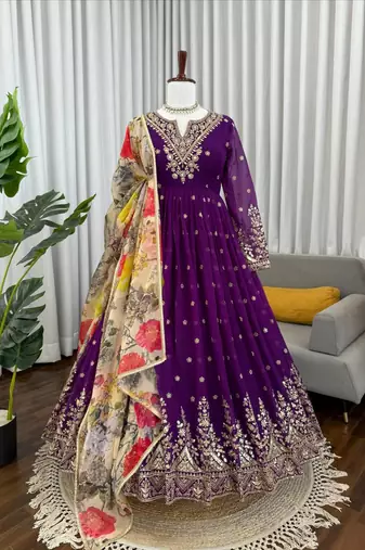 Purple Color Thred With Sequnce Work Georgette Gown Set