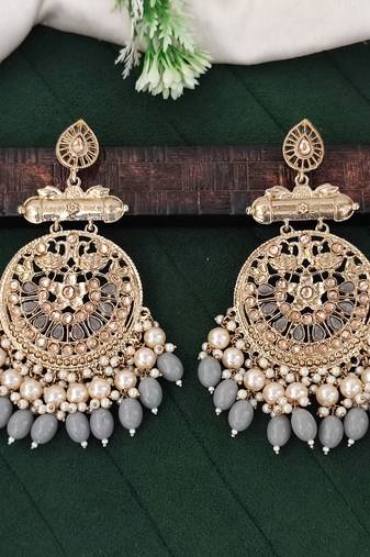 Traditional gold plated chandbali earrings with pearls and grey beads