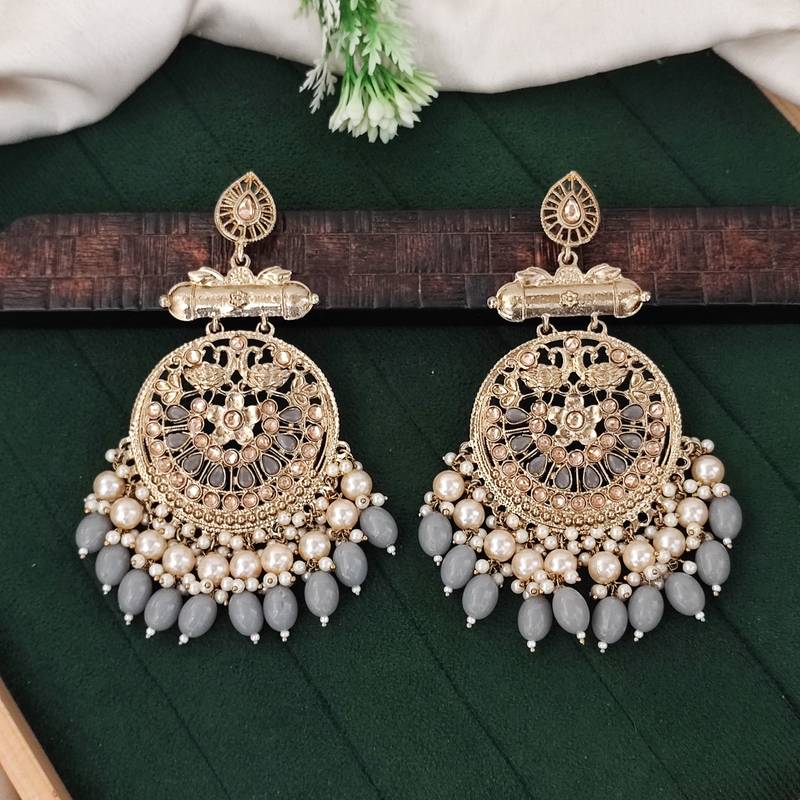 Traditional gold plated chandbali earrings with pearls and grey beads