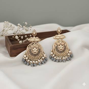 Traditional gold plated chandbali earrings with pearls and grey beads 3