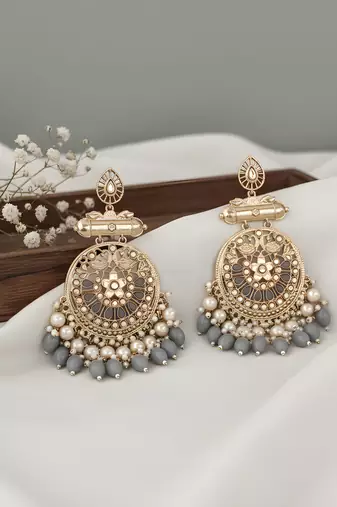 Traditional gold plated chandbali earrings with pearls and grey beads