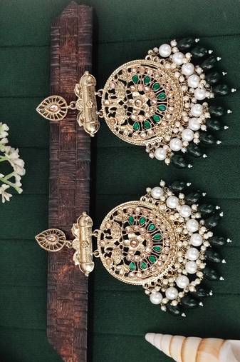 Traditional kundan green stone earrings with pearl beaded fringe design
