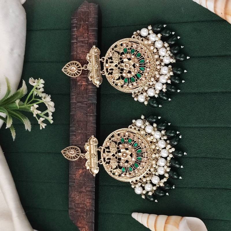 Traditional kundan green stone earrings with pearl beaded fringe design
