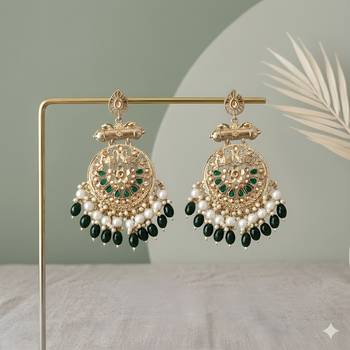 Traditional kundan green stone earrings with pearl beaded fringe design 3