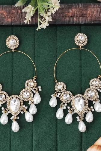 Designer gold tone hoop earrings with white pearl dangling drops