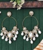 Designer gold tone hoop earrings with white pearl dangling drops