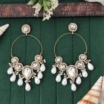 Designer gold tone hoop earrings with white pearl dangling drops 2