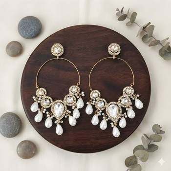 Designer gold tone hoop earrings with white pearl dangling drops 3