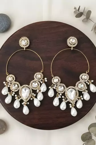 Designer gold tone hoop earrings with white pearl dangling drops