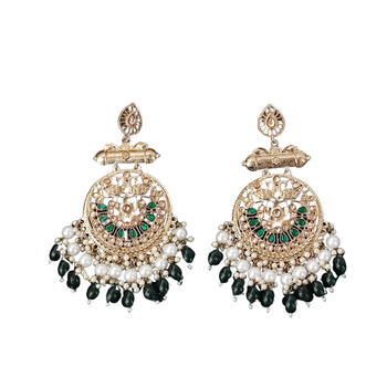 Traditional kundan green stone earrings with pearl beaded fringe design 4