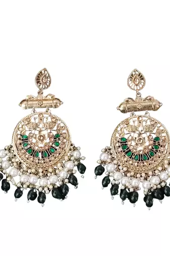 Traditional kundan green stone earrings with pearl beaded fringe design