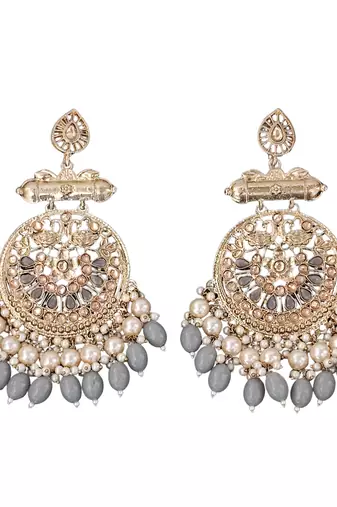 Traditional gold plated chandbali earrings with pearls and grey beads
