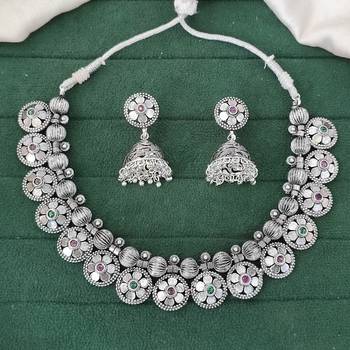 Oxidised silver floral necklace set with jhumka earrings traditional 1