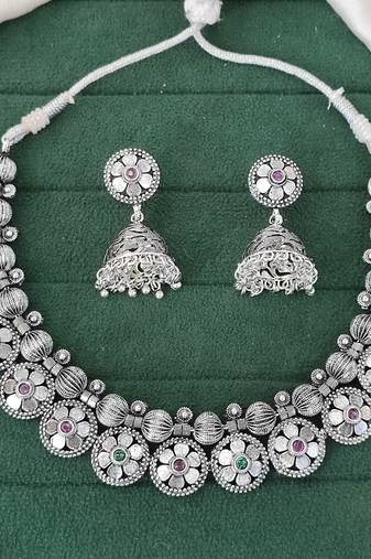 Oxidised silver floral necklace set with jhumka earrings traditional