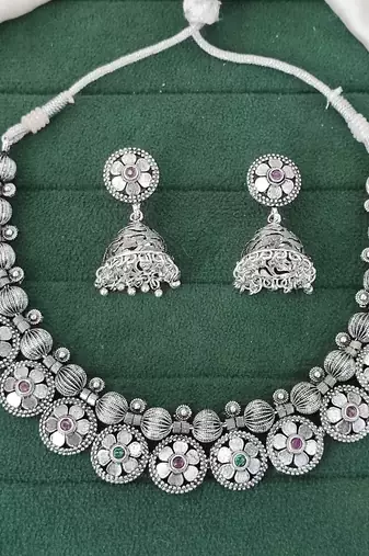 Oxidised silver floral necklace set with jhumka earrings traditional