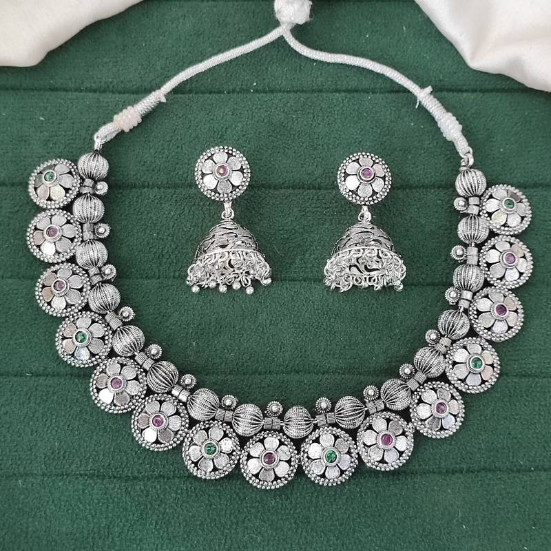 Oxidised silver floral necklace set with jhumka earrings traditional