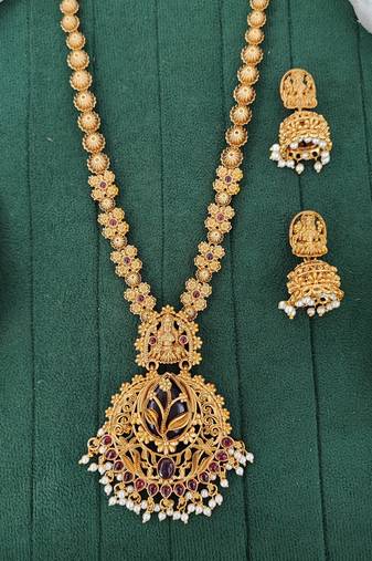 Antique lakshmi long temple necklace set with jhumka earrings
