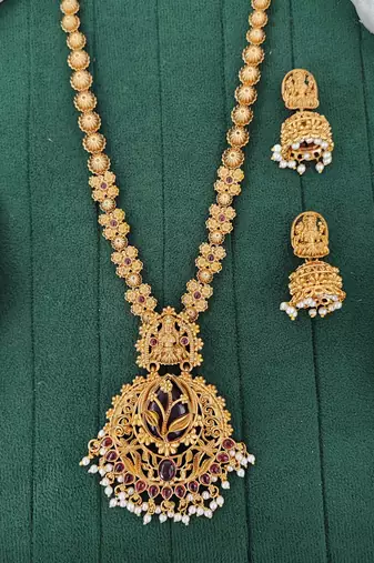Antique lakshmi long temple necklace set with jhumka earrings