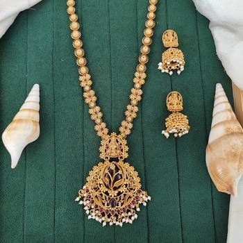 Antique lakshmi long temple necklace set with jhumka earrings 2