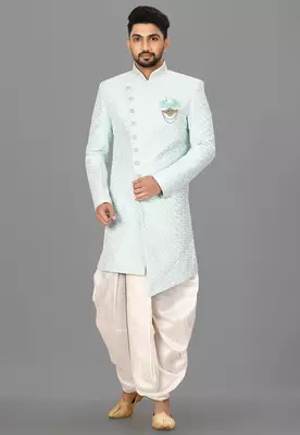 Mint anghrakha pattern work with hand work on collar and button indo western 4