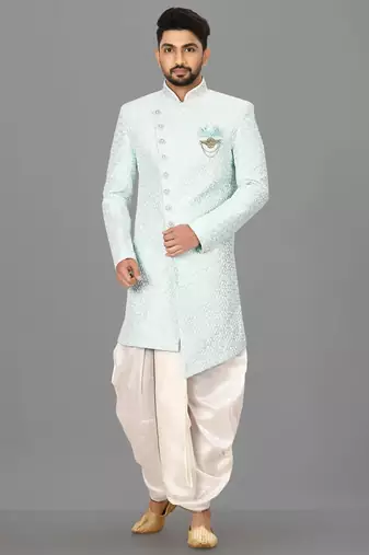 Mint anghrakha pattern work with hand work on collar and button indo western