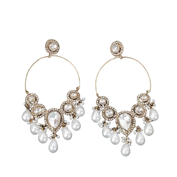 Designer gold tone hoop earrings with white pearl dangling drops 4
