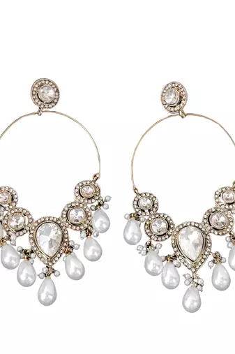 Designer gold tone hoop earrings with white pearl dangling drops