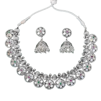Oxidised silver floral necklace set with jhumka earrings traditional 3