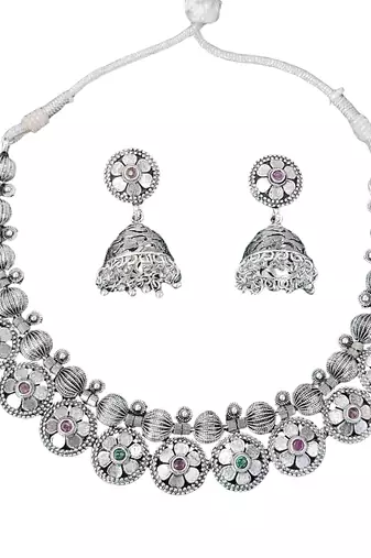 Oxidised silver floral necklace set with jhumka earrings traditional