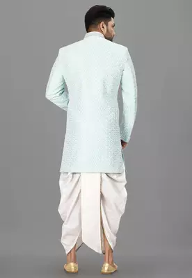 Mint anghrakha pattern work with hand work on collar and button indo western 5