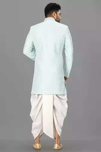 Mint anghrakha pattern work with hand work on collar and button indo western