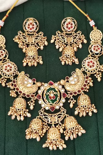 Antique floral temple necklace set with heavy jhumka earrings