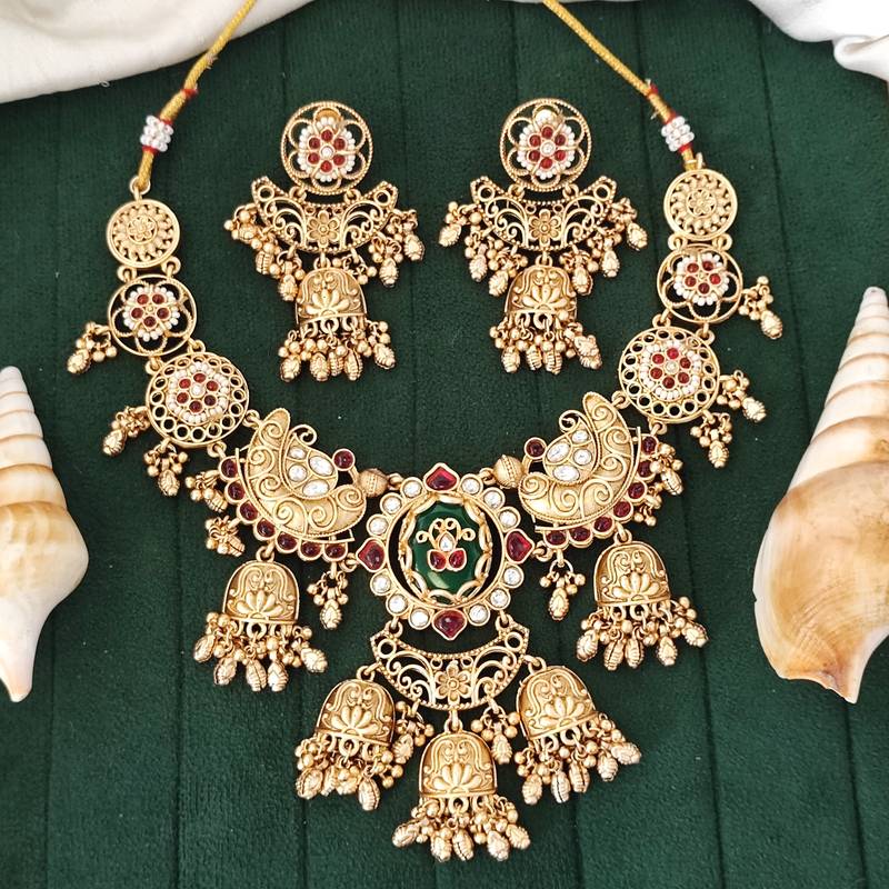 Antique floral temple necklace set with heavy jhumka earrings