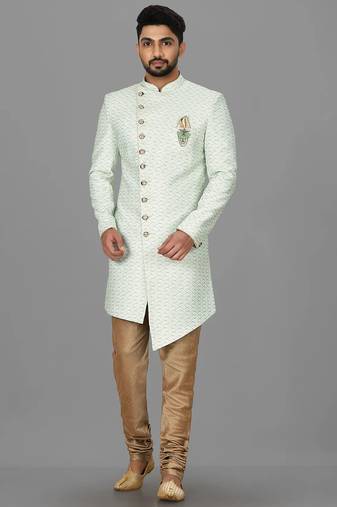 Sea green anghrakha pattern work indo western