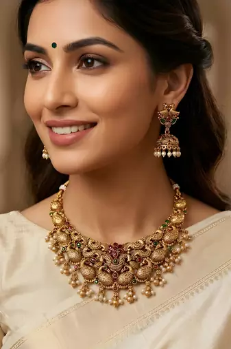 Antique peacock temple necklace set with jhumka earrings