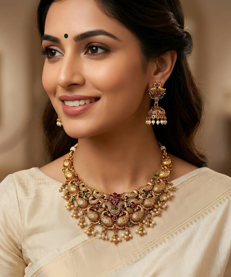 Antique peacock temple necklace set with jhumka earrings