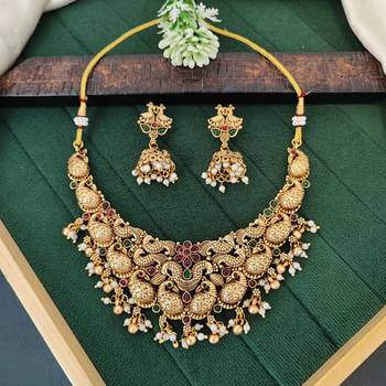 Antique peacock temple necklace set with jhumka earrings 2