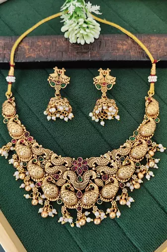 Antique peacock temple necklace set with jhumka earrings