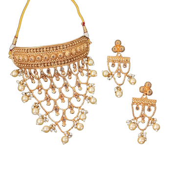Designer antique gold finish necklace set with intricate layered patterns 3