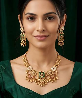Antique floral temple necklace set with earrings traditional design 1