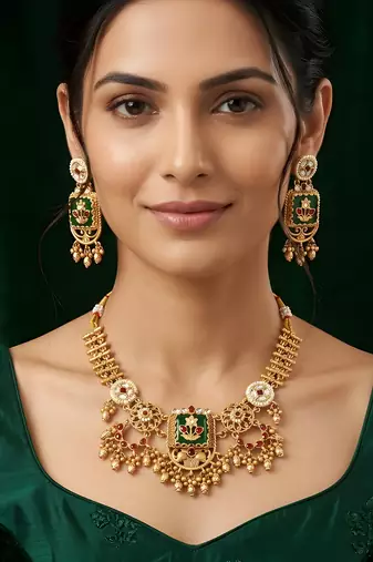 Antique floral temple necklace set with earrings traditional design