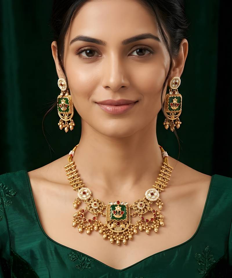 Antique floral temple necklace set with earrings traditional design