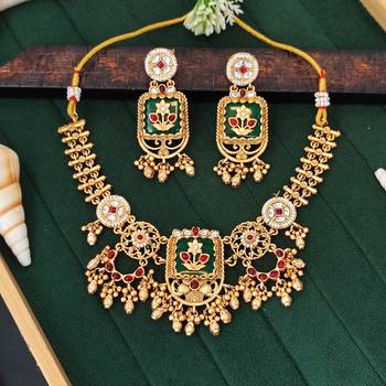 Antique floral temple necklace set with earrings traditional design 2