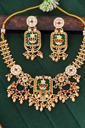 Antique floral temple necklace set with earrings traditional design