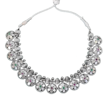 Oxidised silver floral necklace set with jhumka earrings traditional 4