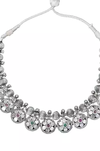 Oxidised silver floral necklace set with jhumka earrings traditional
